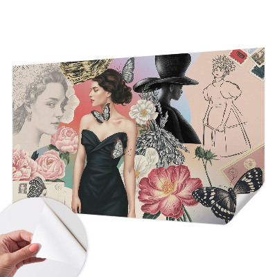Papel de parede 3D com estampa de flores e retratos
