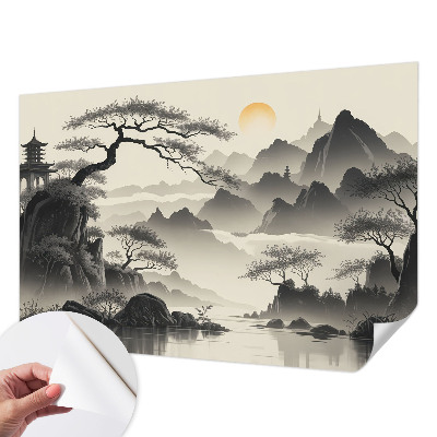 Papel de parede autocolante para sala com estampa de paisagem oriental