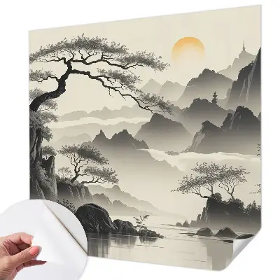 Papel de parede autocolante para sala com estampa de paisagem oriental