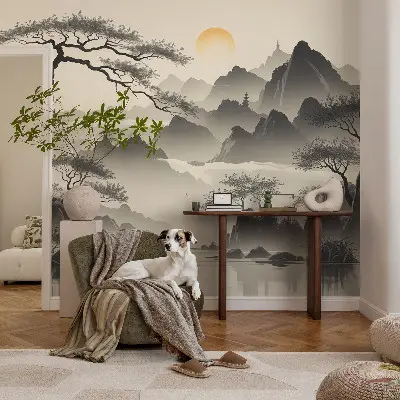 Papel de parede autocolante para sala com estampa de paisagem oriental