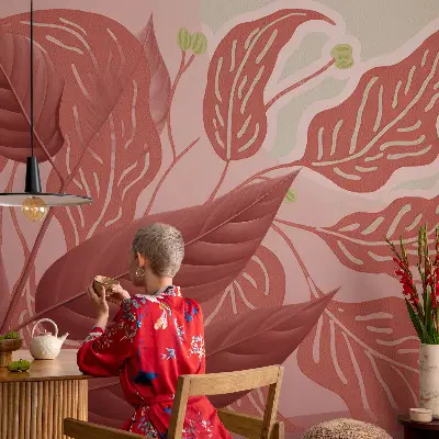 Papel de parede autocolante para sala com padrão de folhas orgânicas