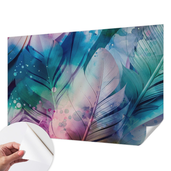 Papel de parede autocolante para quarto com padrão de penas coloridas