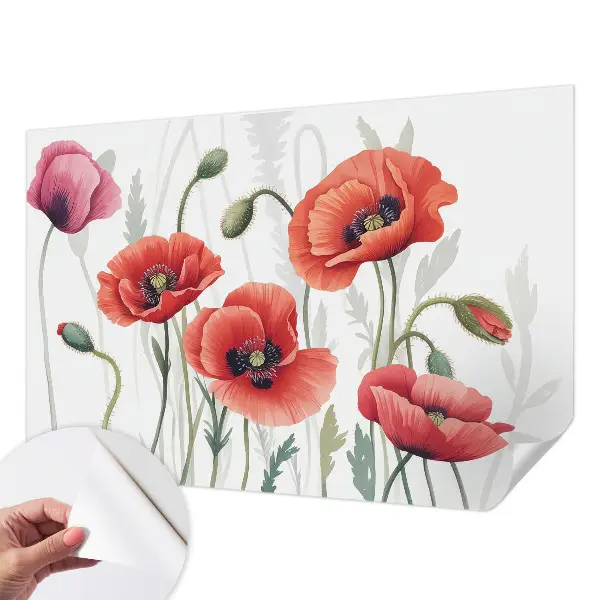 Papel de parede autocolante para sala com padrão de papoulas vermelhas