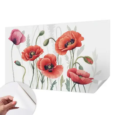 Papel de parede autocolante para sala com padrão de papoulas vermelhas