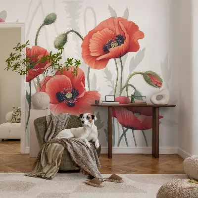 Papel de parede autocolante para sala com padrão de papoulas vermelhas