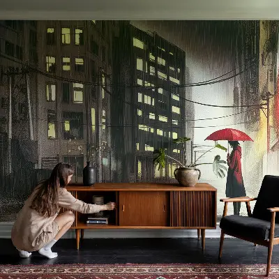 Papel de parede autocolante para quarto com estampa de cidade chuvosa