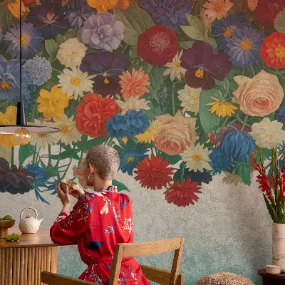 Papel de parede autocolante para sala com padrão de flores coloridas