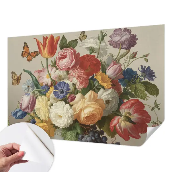 Autocolante de parede fotográfico com flores e borboletas