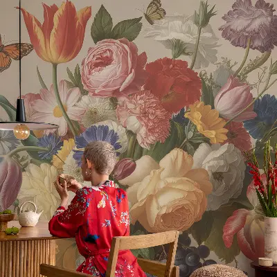 Autocolante de parede fotográfico com flores e borboletas