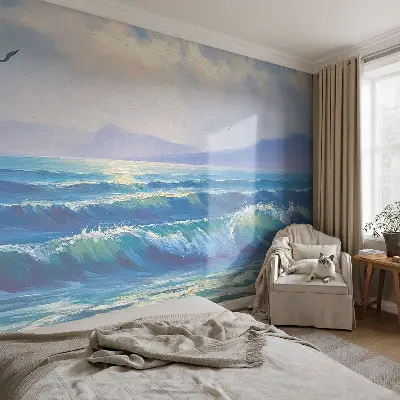 Papel de parede 3D com estampa de ondas do mar