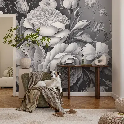 Autocolante de parede fotográfico com padrão de flores cinzentas
