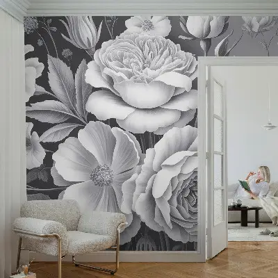 Autocolante de parede fotográfico com padrão de flores cinzentas