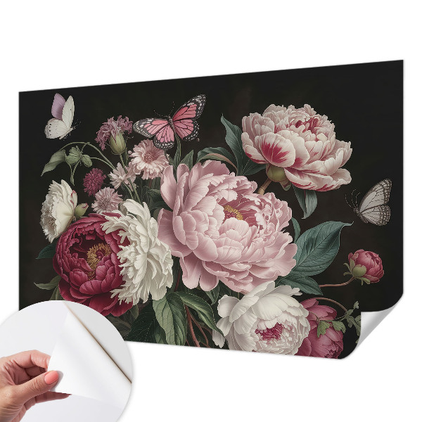 Papel de parede autocolante para quarto com padrão de peônias e borboletas