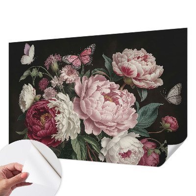 Papel de parede autocolante para quarto com padrão de peônias e borboletas