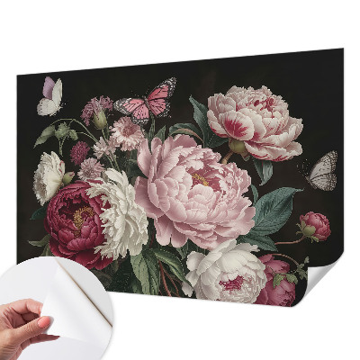 Papel de parede autocolante para quarto com padrão de peônias e borboletas