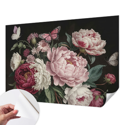 Papel de parede autocolante para quarto com padrão de peônias e borboletas