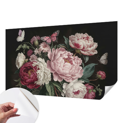 Papel de parede autocolante para quarto com padrão de peônias e borboletas