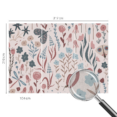 Papel de parede para criança com padrão de flores e insetos