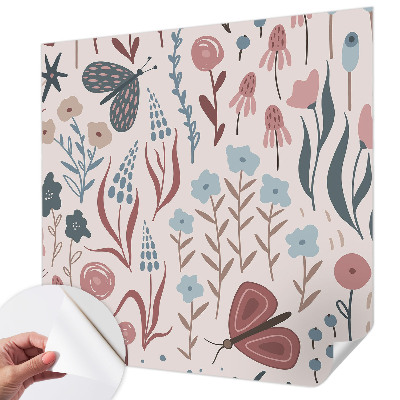Papel de parede para criança com padrão de flores e insetos