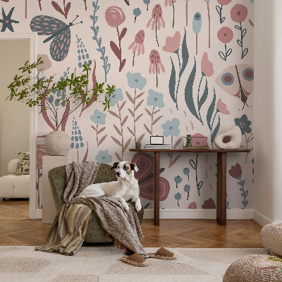 Papel de parede para criança com padrão de flores e insetos