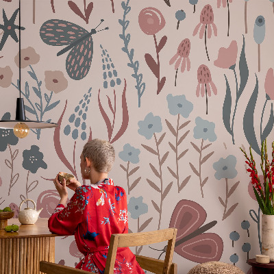 Papel de parede para criança com padrão de flores e insetos