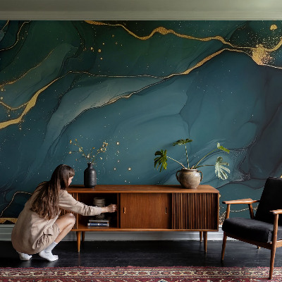 Papel de parede autocolante para sala com padrão abstrato em tons de azul escuro