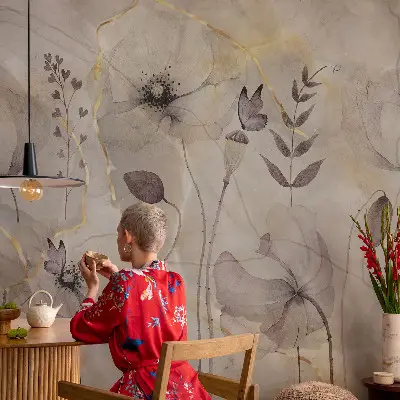 Papel de parede autocolante para sala com padrão de flores delicadas