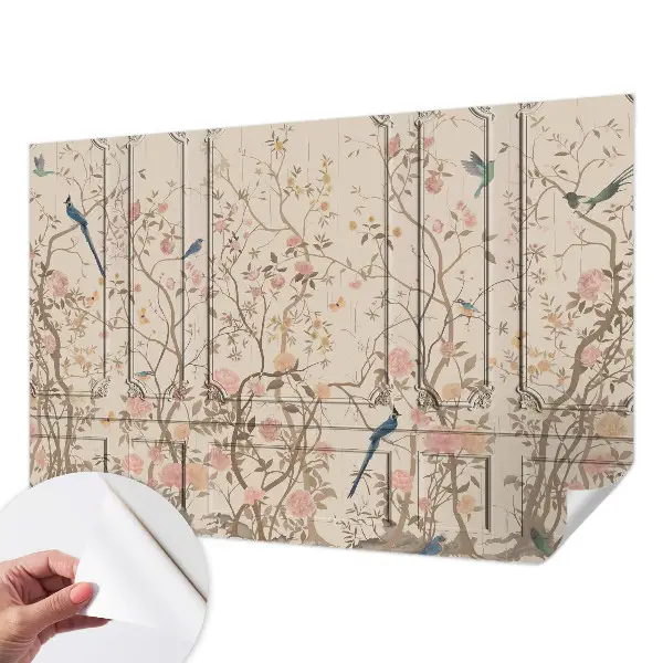 Papel de parede 3D com padrão de pássaros e flores