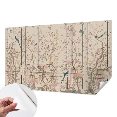 Papel de parede 3D com padrão de pássaros e flores