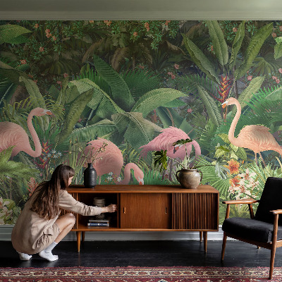 Papel de parede autocolante para sala com estampa de flamingos cor-de-rosa