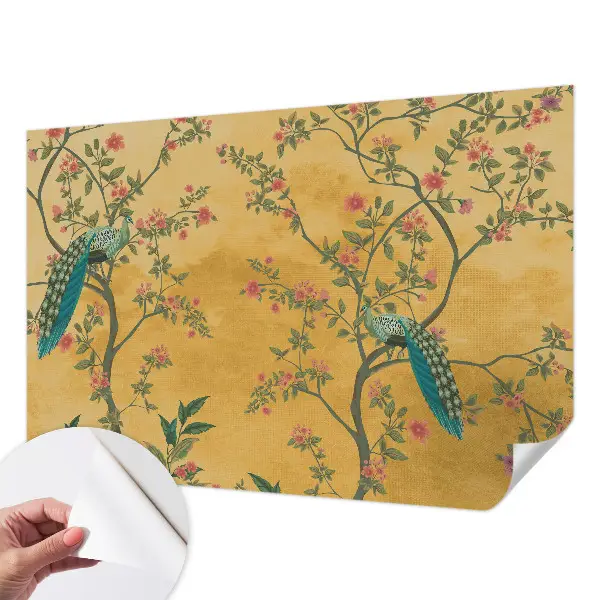 Papel de parede autocolante para sala com padrão de árvores e pavões