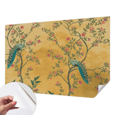 Papel de parede autocolante para sala com padrão de árvores e pavões