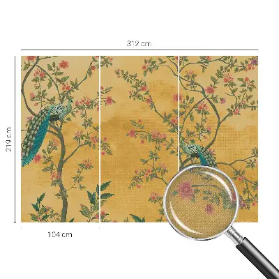 Papel de parede autocolante para sala com padrão de árvores e pavões