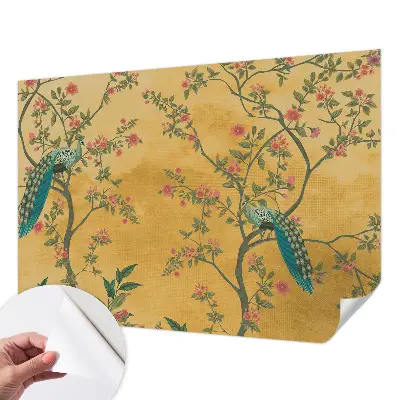 Papel de parede autocolante para sala com padrão de árvores e pavões