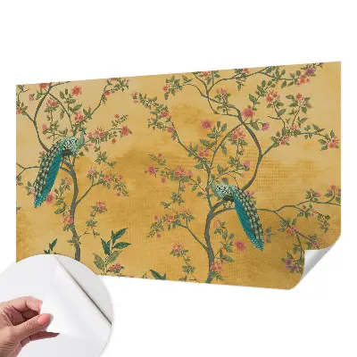 Papel de parede autocolante para sala com padrão de árvores e pavões