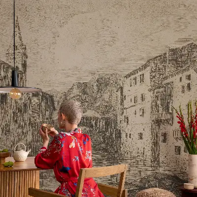 Papel de parede autocolante para sala com estampado de panorama da cidade
