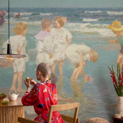 Papel de parede 3D com desenho infantil de praia