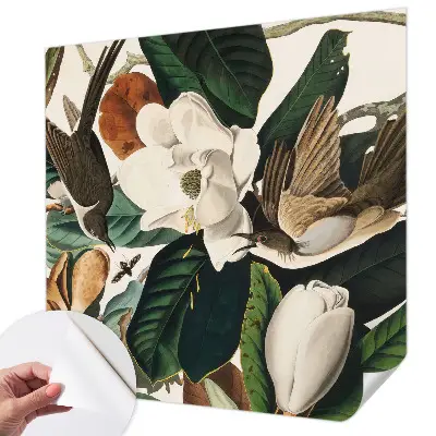 Papel de parede autocolante para quarto com pássaros e magnólias