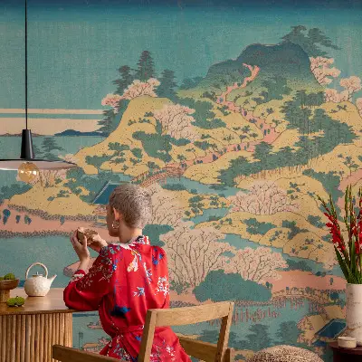 Papel de parede autocolante para sala com paisagem japonesa