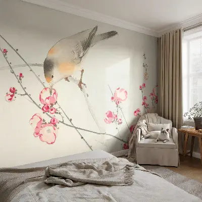 Papel de parede infantil com estampa de pássaros floridos