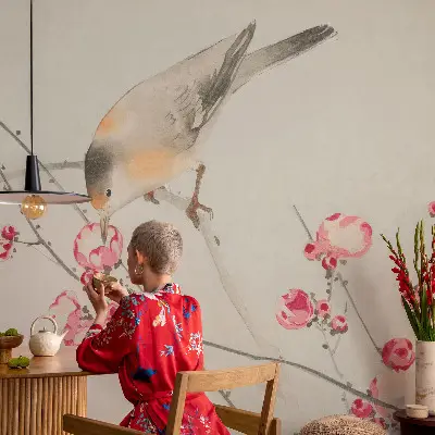 Papel de parede infantil com estampa de pássaros floridos