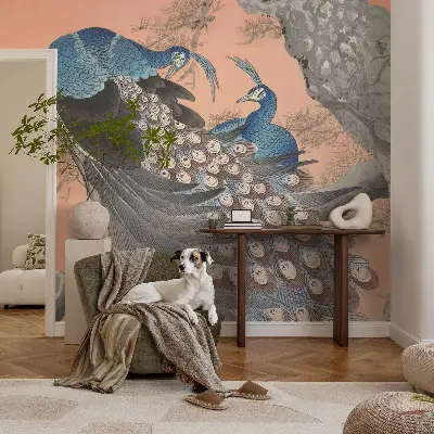 Papel de parede autocolante para quarto com padrão de pavão em estilo elegante