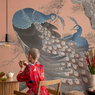 Papel de parede autocolante para quarto com padrão de pavão em estilo elegante