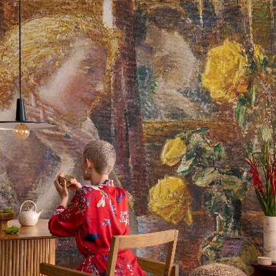 Papel de parede infantil com estampa de mulher e rosas