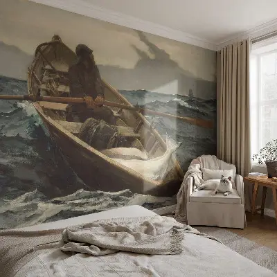 Papel de parede autocolante para sala com estampa de pescador no mar