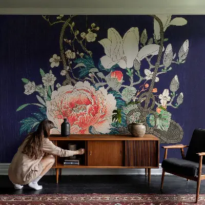Papel de parede 3D com estampa de cesta de flores