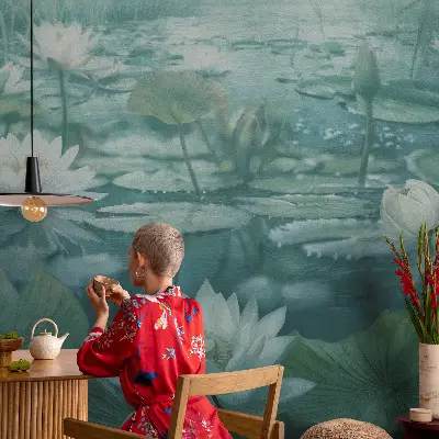Papel de parede infantil com padrão de flores aquáticas