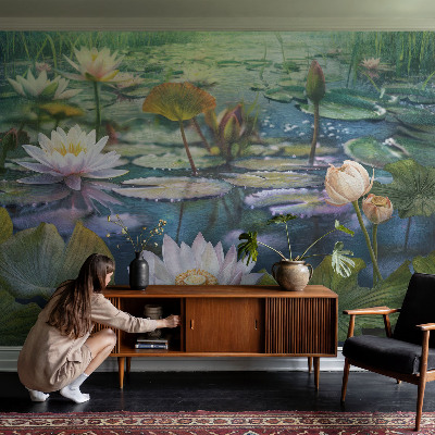 Papel de parede autocolante para quarto com estampa de flores do lago