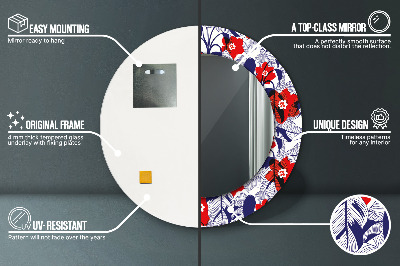 Espelho redondo decorativo Filodendro e flores vermelhas