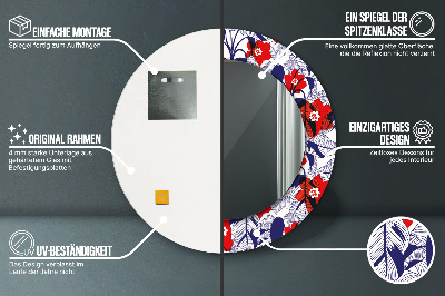 Espelho redondo decorativo Filodendro e flores vermelhas